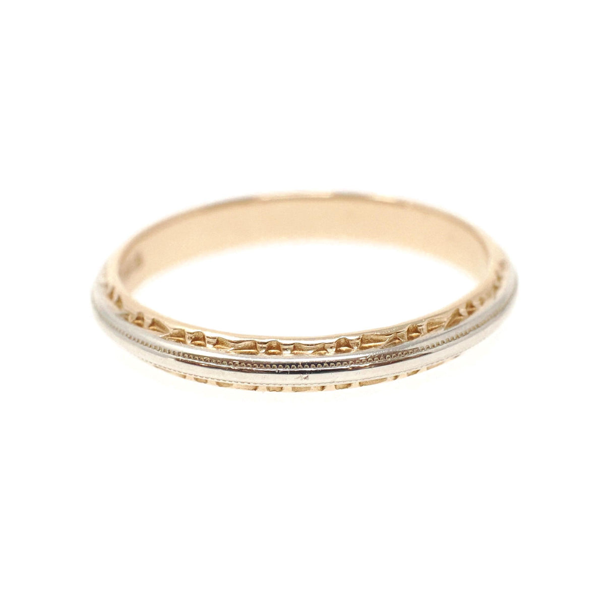Two Tone Wedding Ring - Retro 14k Yellow & White Gold Domed 2.6MM Bridal Band - Vintage Circa 1940s Era Size 7 Textured Design Fine Jewelry
