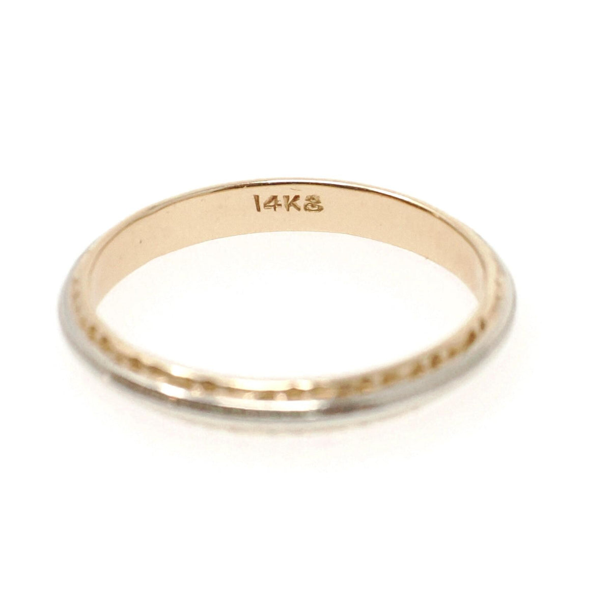 Two Tone Wedding Ring - Retro 14k Yellow & White Gold Domed 2.6MM Bridal Band - Vintage Circa 1940s Era Size 7 Textured Design Fine Jewelry
