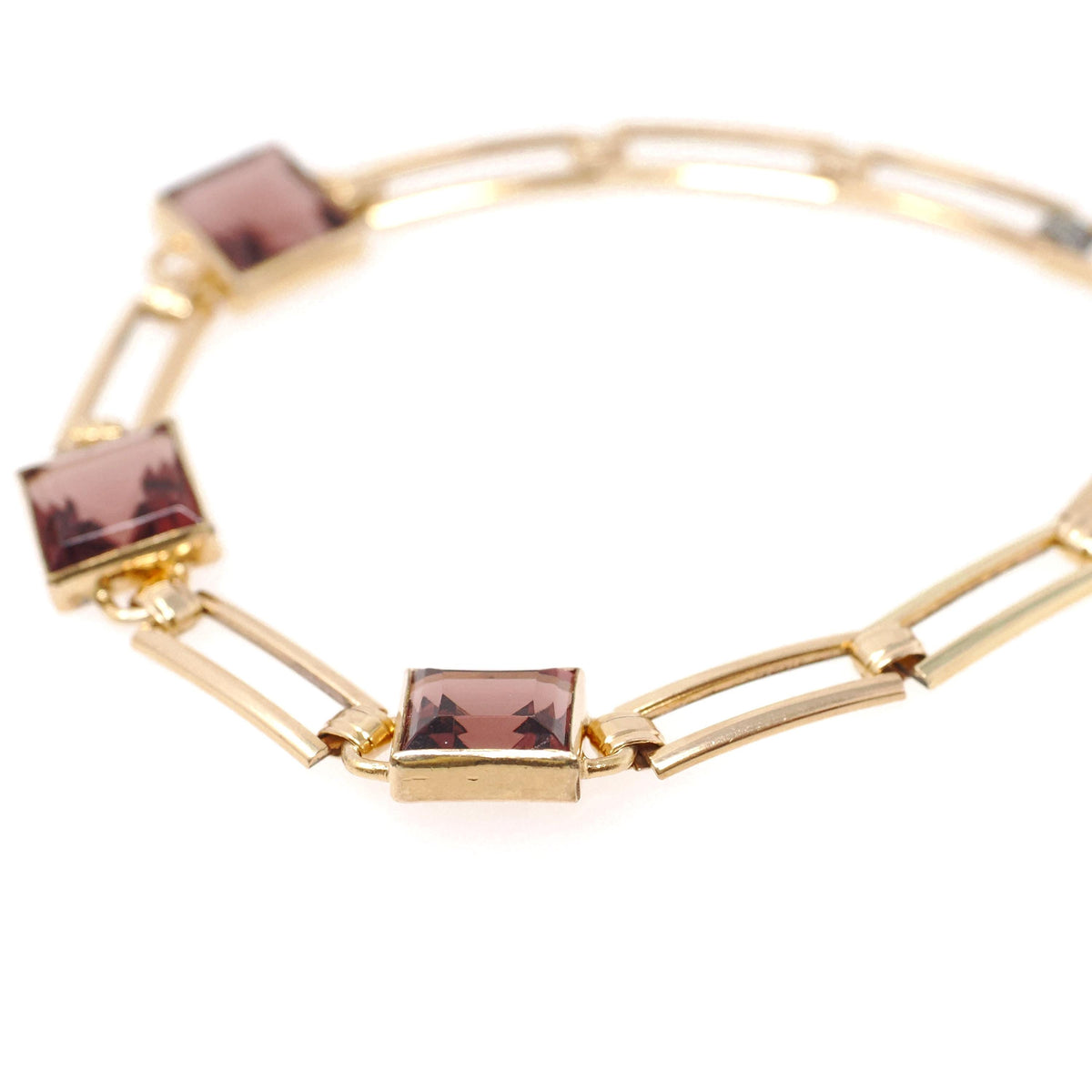 Vintage Glass Bracelet - Retro Gold Filled Square Cut Faceted Purple Glass Stones - Circa 1940s Era Gate Link Fold Over Clasp Jewelry