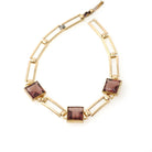Vintage Glass Bracelet - Retro Gold Filled Square Cut Faceted Purple Glass Stones - Circa 1940s Era Gate Link Fold Over Clasp Jewelry