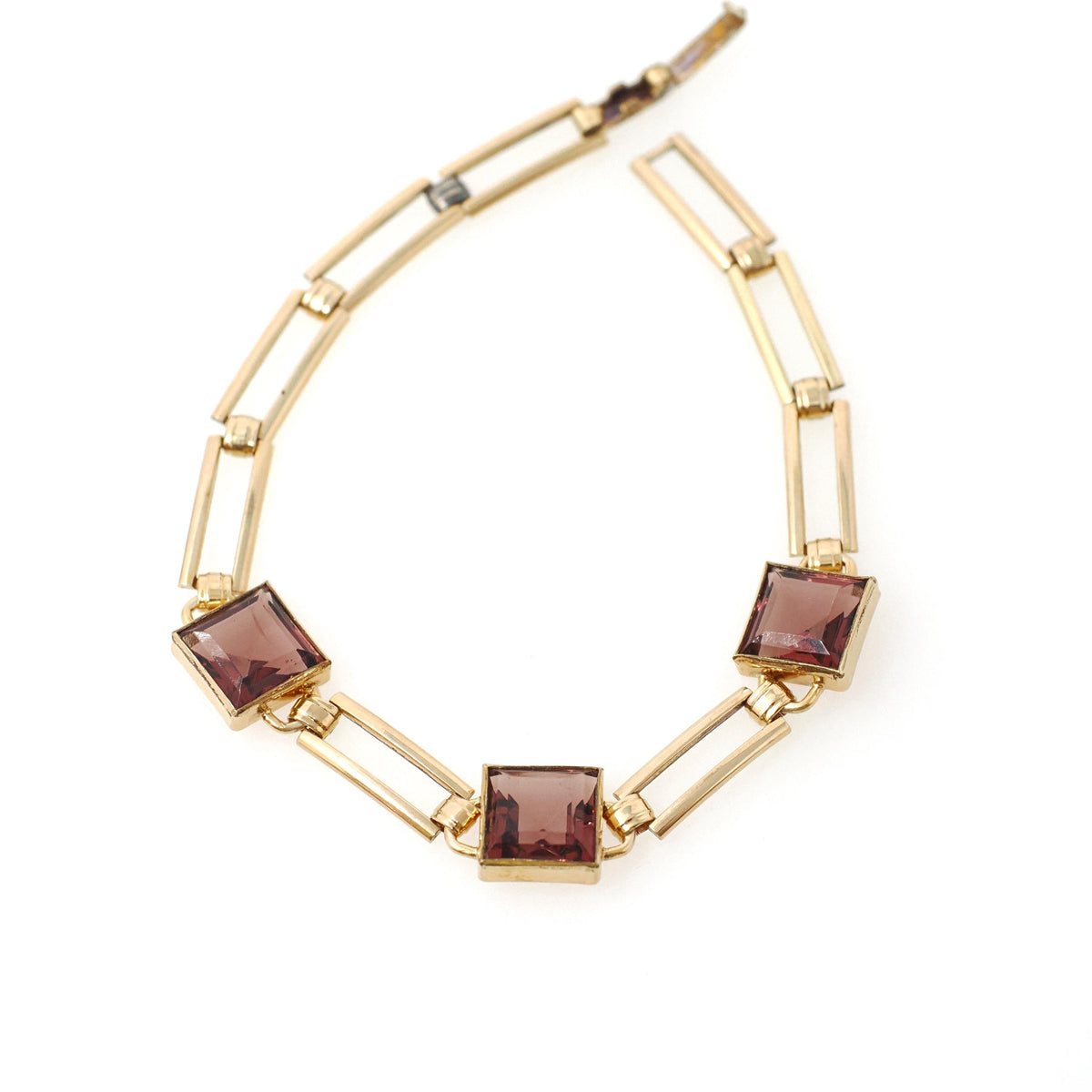 Vintage Glass Bracelet - Retro Gold Filled Square Cut Faceted Purple Glass Stones - Circa 1940s Era Gate Link Fold Over Clasp Jewelry