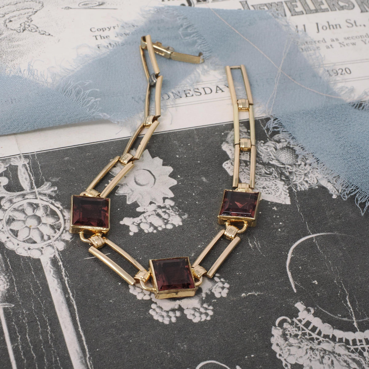 Vintage Glass Bracelet - Retro Gold Filled Square Cut Faceted Purple Glass Stones - Circa 1940s Era Gate Link Fold Over Clasp Jewelry
