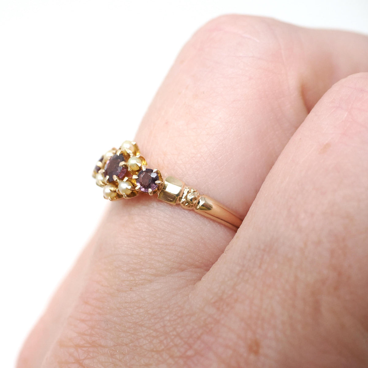 Simulated Amethyst Ring - Edwardian 10k Yellow Gold Seed Pearls Glass Garnet Doublet Stones - Antique Circa 1900s Size 5 3/4 Fine Jewelry