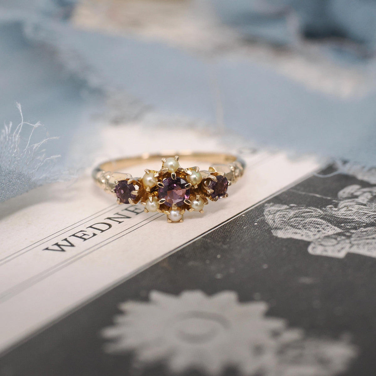 Simulated Amethyst Ring - Edwardian 10k Yellow Gold Seed Pearls Glass Garnet Doublet Stones - Antique Circa 1900s Size 5 3/4 Fine Jewelry