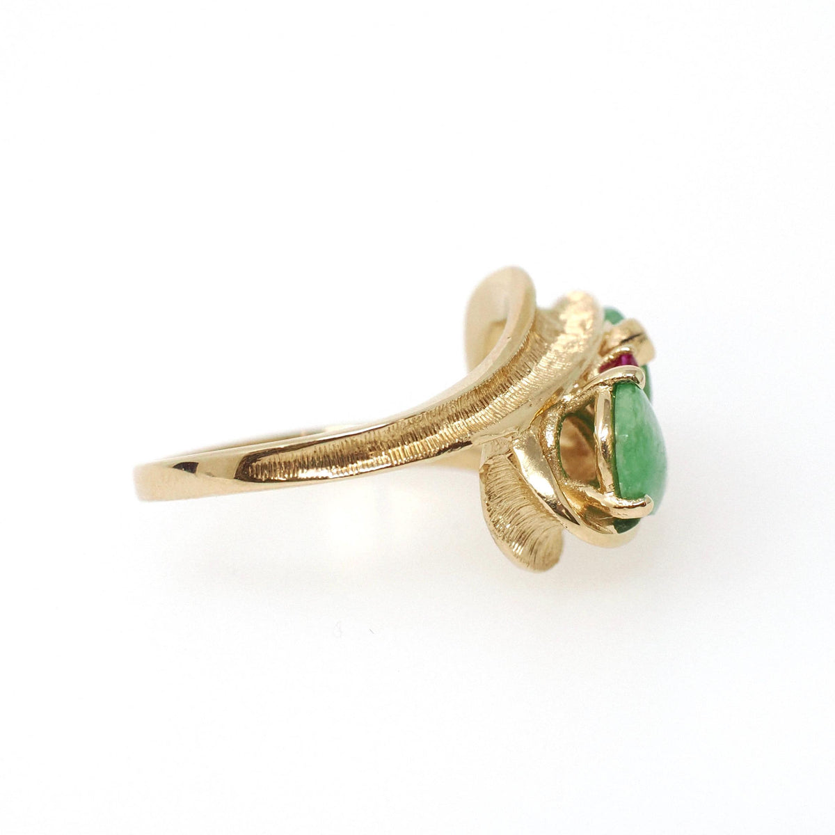 Jadeite & Ruby Ring - Modernist 14k Yellow Gold Natural Green Gemstone Created Ruby Bypass - Circa 1970s Era Size 5 1/4 Fine Jewelry