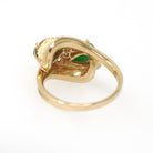 Jadeite & Ruby Ring - Modernist 14k Yellow Gold Natural Green Gemstone Created Ruby Bypass - Circa 1970s Era Size 5 1/4 Fine Jewelry