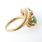 Jadeite & Ruby Ring - Modernist 14k Yellow Gold Natural Green Gemstone Created Ruby Bypass - Circa 1970s Era Size 5 1/4 Fine Jewelry
