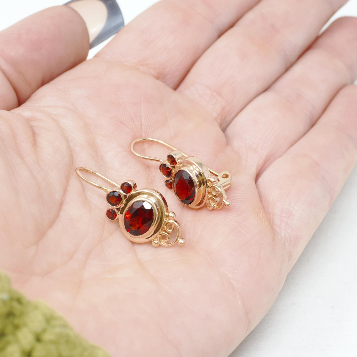 Natural Garnet Earrings - Contemporary 14k Yellow Gold Oval Round Faceted Red Gemstones - Circa 2000s Era January Birthstone Fine Jewelry