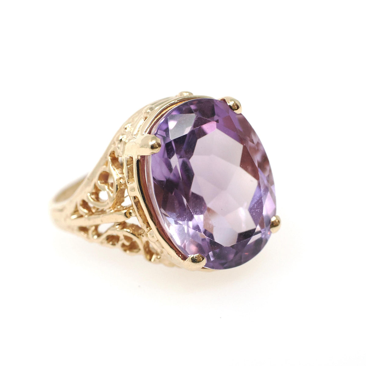 Amethyst Filigree Ring - Contemporary 10k Yellow Gold Oval Natural Purple Gemstone - Circa 2000s Size 8 February Birthstone Jewelry