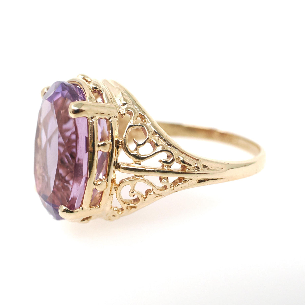 Amethyst Filigree Ring - Contemporary 10k Yellow Gold Oval Natural Purple Gemstone - Circa 2000s Size 8 February Birthstone Jewelry