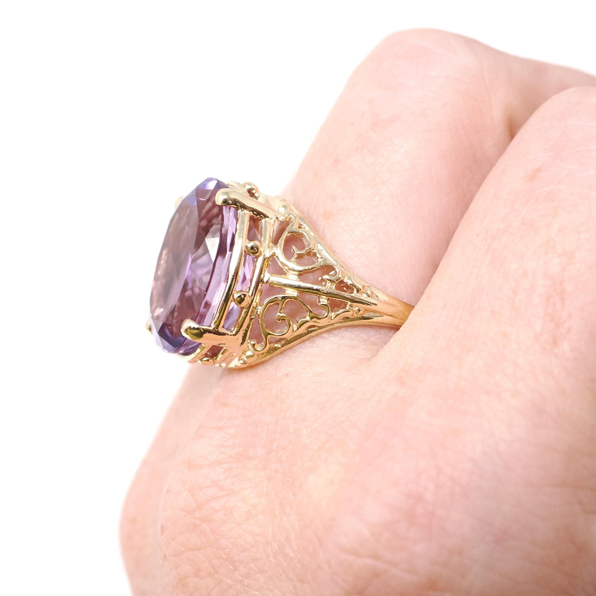 Amethyst Filigree Ring - Contemporary 10k Yellow Gold Oval Natural Purple Gemstone - Circa 2000s Size 8 February Birthstone Jewelry