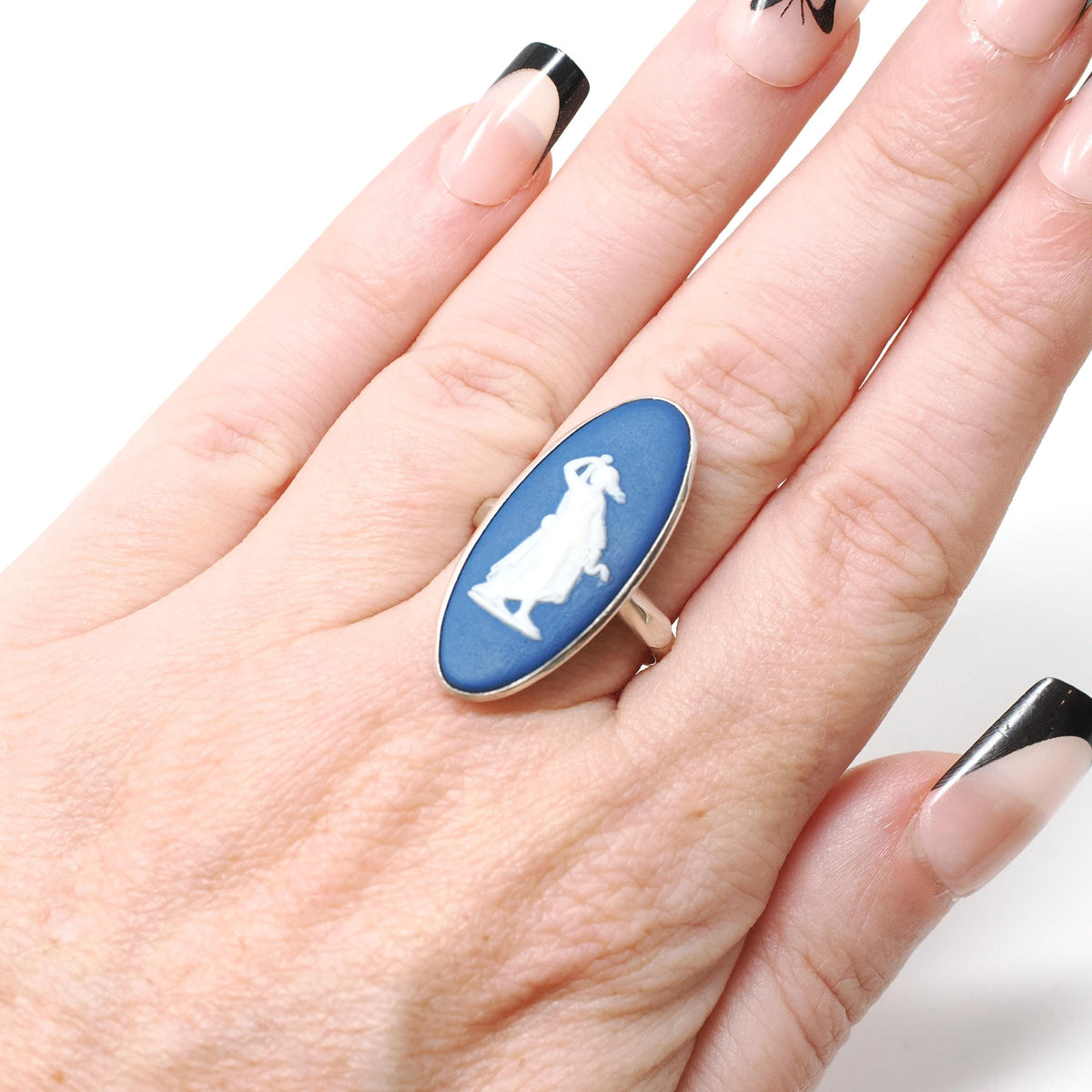 Vintage Wedgwood Ring - Modernist Sterling Silver Hygieia Cameo Dark Blue Jasperware - Hallmarked 1976 Size 7 1/4 London England Jewelry