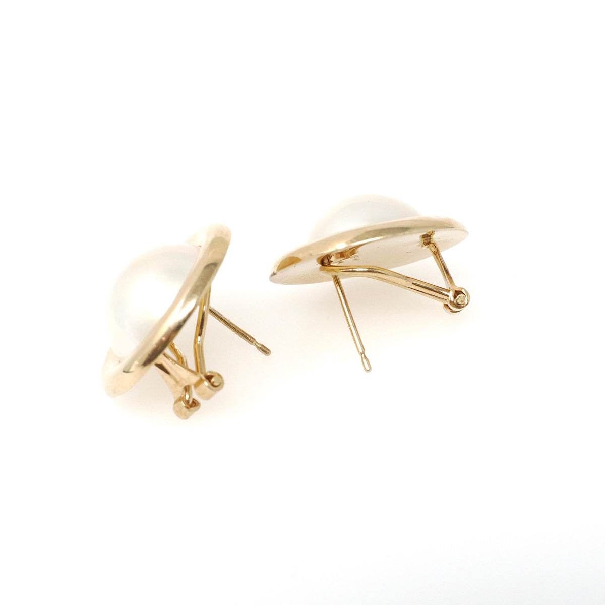 Mabe Pearl Earrings - Contemporary 14k Yellow Gold Round Bezel Omega Back Statement Studs - Circa 1990s Era June Birthstone Fine Jewelry