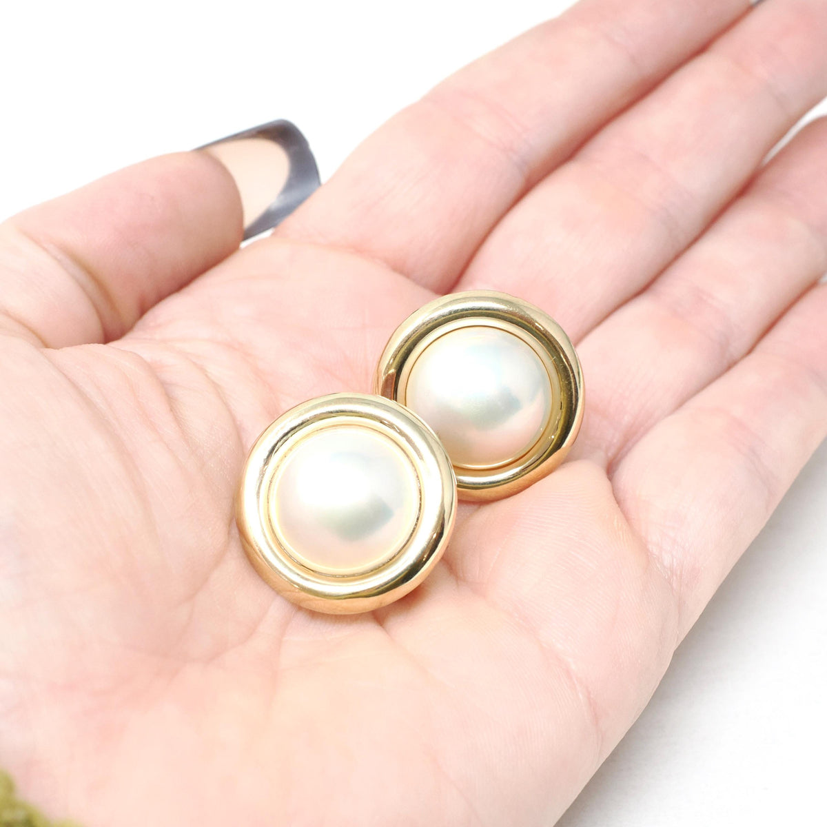 Mabe Pearl Earrings - Contemporary 14k Yellow Gold Round Bezel Omega Back Statement Studs - Circa 1990s Era June Birthstone Fine Jewelry