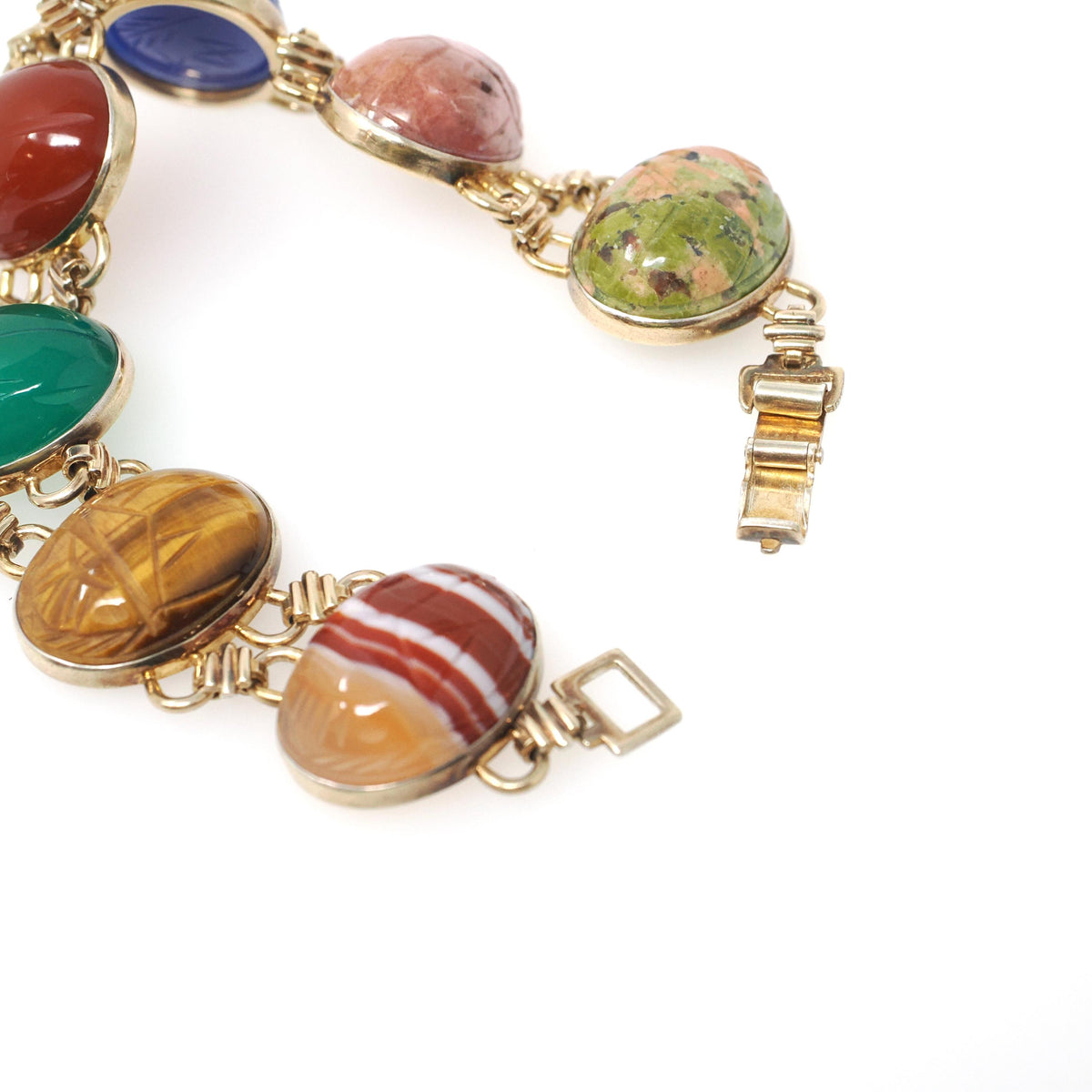 Vintage Scarab Bracelet - 14k Gold Filled Carved Natural Banded Agate Rhodonite Unakite Gems - Circa 1960s Era Egyptian Revival Jewelry