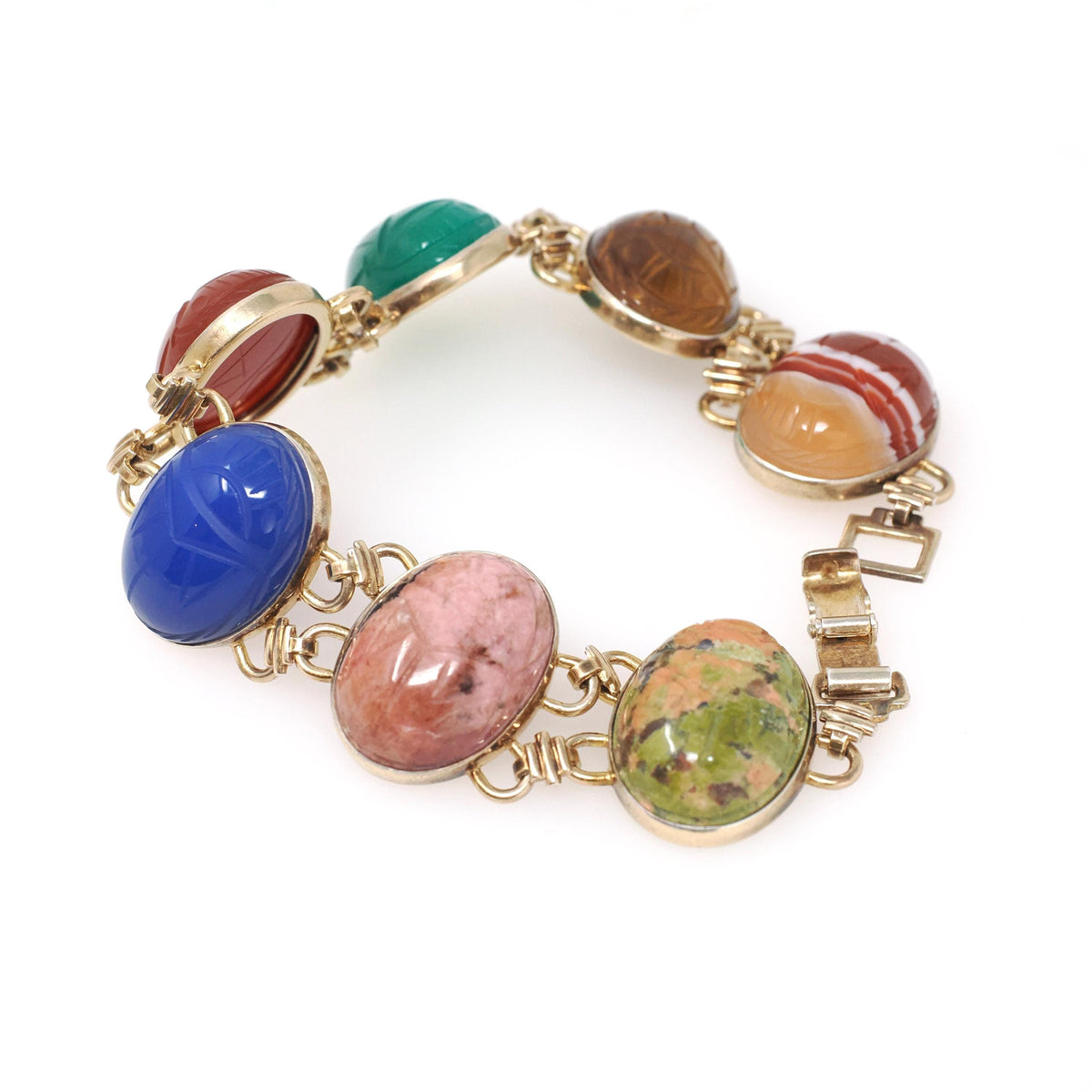 Vintage Scarab Bracelet - 14k Gold Filled Carved Natural Banded Agate Rhodonite Unakite Gems - Circa 1960s Era Egyptian Revival Jewelry