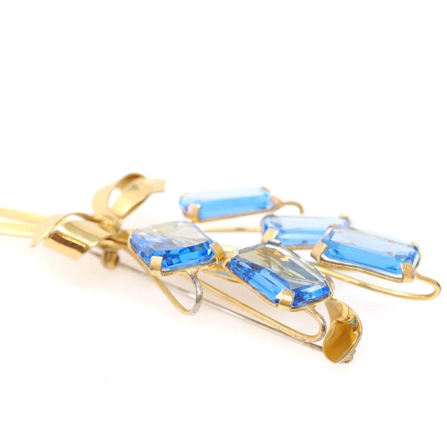 Vintage Bouquet Brooch - Retro Gold Wash On Sterling Silver Blue Glass Spray Pin - Circa 1940s Era Bow Leaf Motif Fashion Accessory Jewelry