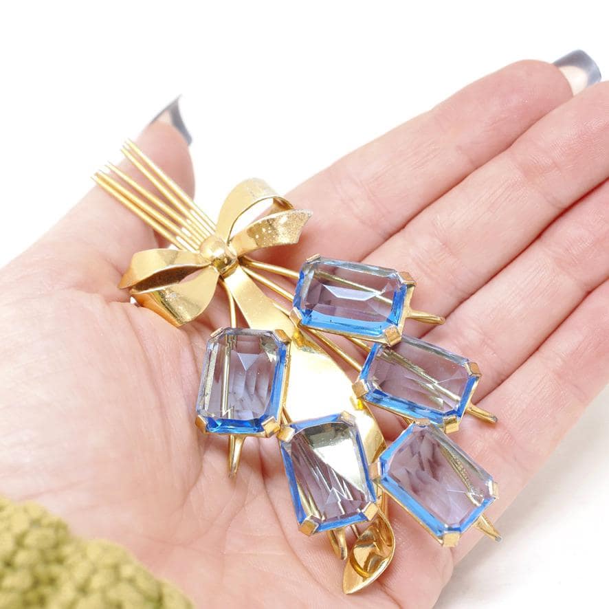 Vintage Bouquet Brooch - Retro Gold Wash On Sterling Silver Blue Glass Spray Pin - Circa 1940s Era Bow Leaf Motif Fashion Accessory Jewelry
