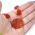 Art Deco Necklace - Vintage Sterling Silver Natural Carved Carnelian Gems Glass Bead Strand - Circa 1930s Era Fashion Accessory Jewelry