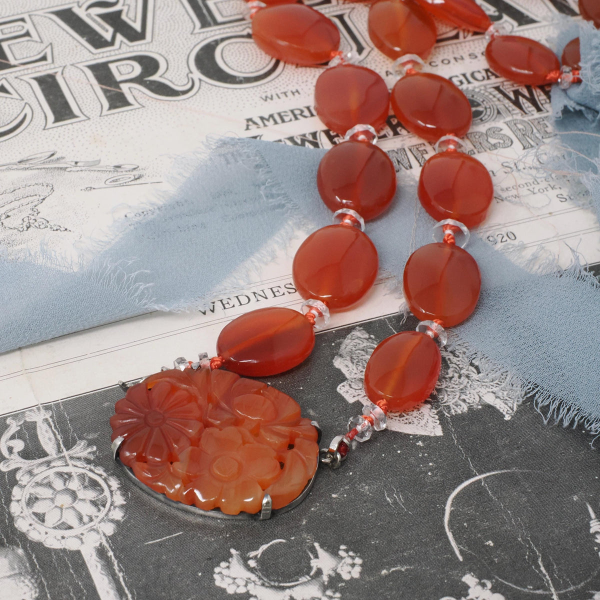 Art Deco Necklace - Vintage Sterling Silver Natural Carved Carnelian Gems Glass Bead Strand - Circa 1930s Era Fashion Accessory Jewelry
