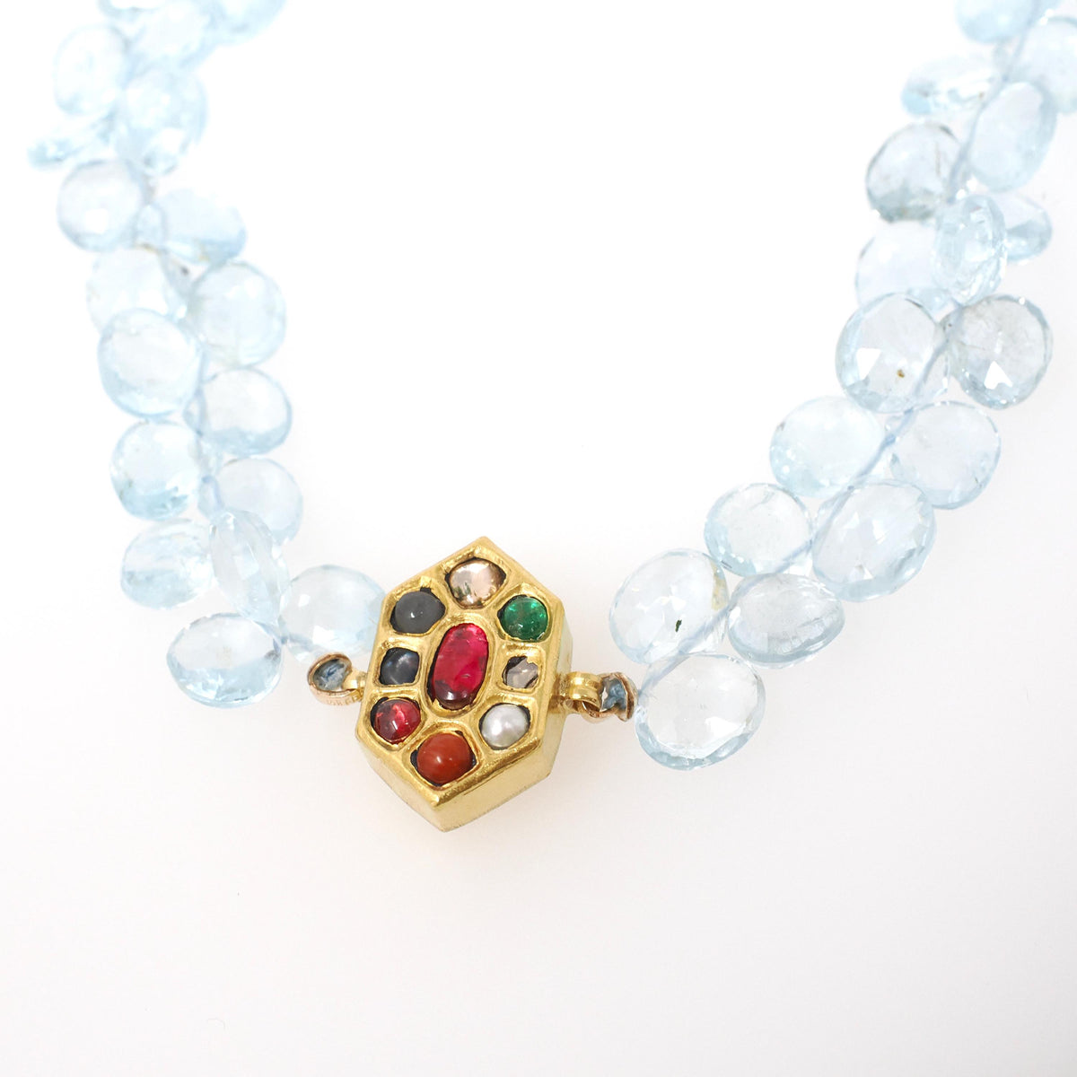 Multi Gemstone Bracelet - Contemporary 14k & 22k Yellow Gold Aquamarine Briolette Cut Gems - Circa 2000s Era 8 Inches Fine Statement Jewelry