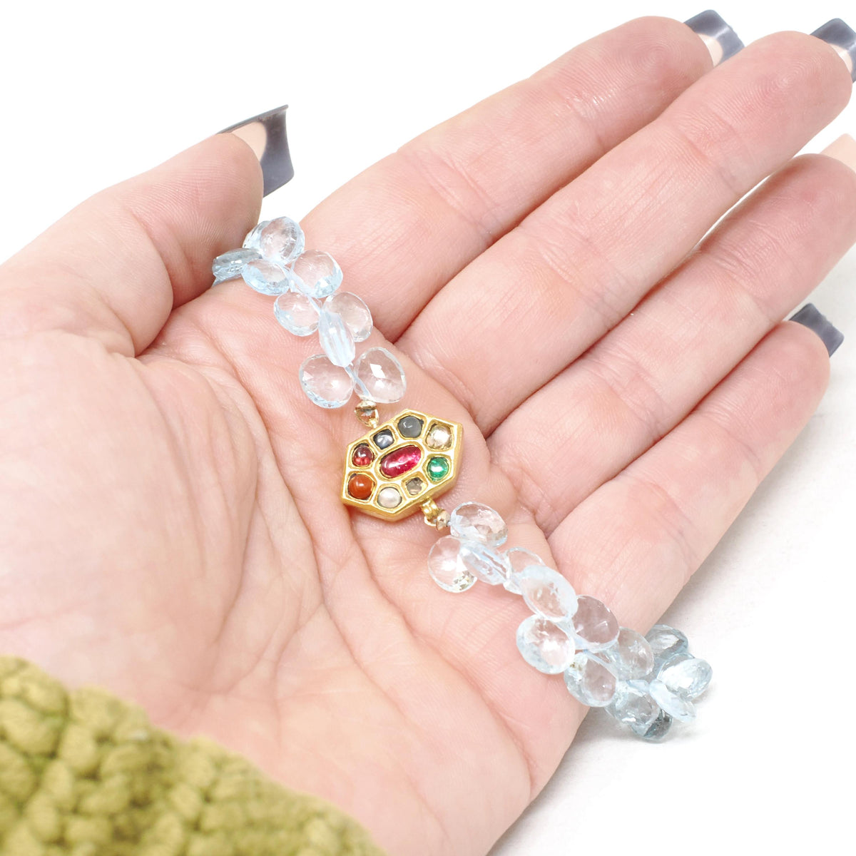Multi Gemstone Bracelet - Contemporary 14k & 22k Yellow Gold Aquamarine Briolette Cut Gems - Circa 2000s Era 8 Inches Fine Statement Jewelry