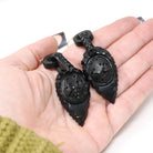 Victorian Jewelry Set - Antique 10k Yellow Gold Carved Jet Brooch & Earrings - Circa 1890s Era Carved Grape Leaf Cluster Fine Jewelry