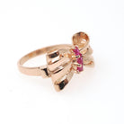 Vintage Bow Ring - Retro Era 14k Rose Gold Created Red Ruby Gemstone Trio - Circa 1940s Era Size 6 Ribbon July Birthstone Fine Jewelry