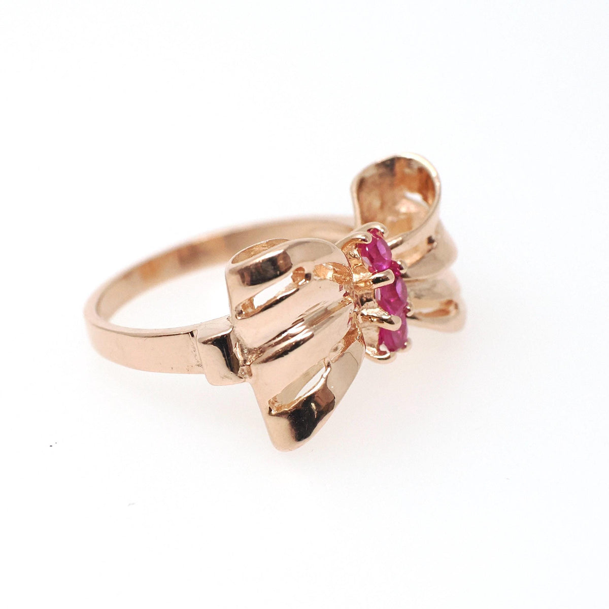 Vintage Bow Ring - Retro Era 14k Rose Gold Created Red Ruby Gemstone Trio - Circa 1940s Era Size 6 Ribbon July Birthstone Fine Jewelry