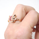 Vintage Bow Ring - Retro Era 14k Rose Gold Created Red Ruby Gemstone Trio - Circa 1940s Era Size 6 Ribbon July Birthstone Fine Jewelry