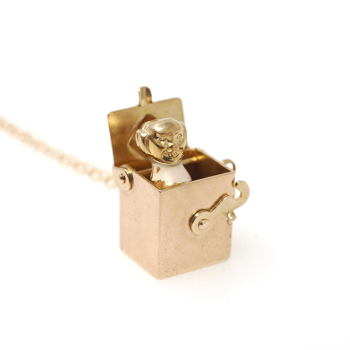 Jack-in-the-Box Charm - Mid Century 14k Yellow Gold Spring Pendant Toy Clown Charm Necklace - Circa 1950s Era Kinetic Fine Jewelry