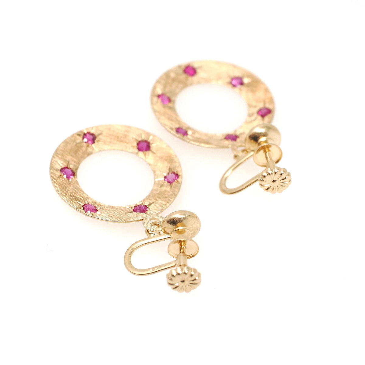 Screwback Ruby Earrings - Modernist 14k Yellow Gold .84 TW Natural Gems Open Circle Dangle Drops - Circa 1970s July Birthstone Fine Jewelry