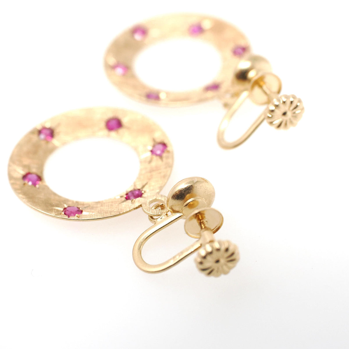 Screwback Ruby Earrings - Modernist 14k Yellow Gold .84 TW Natural Gems Open Circle Dangle Drops - Circa 1970s July Birthstone Fine Jewelry
