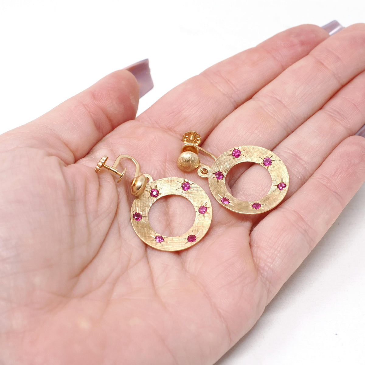 Screwback Ruby Earrings - Modernist 14k Yellow Gold .84 TW Natural Gems Open Circle Dangle Drops - Circa 1970s July Birthstone Fine Jewelry