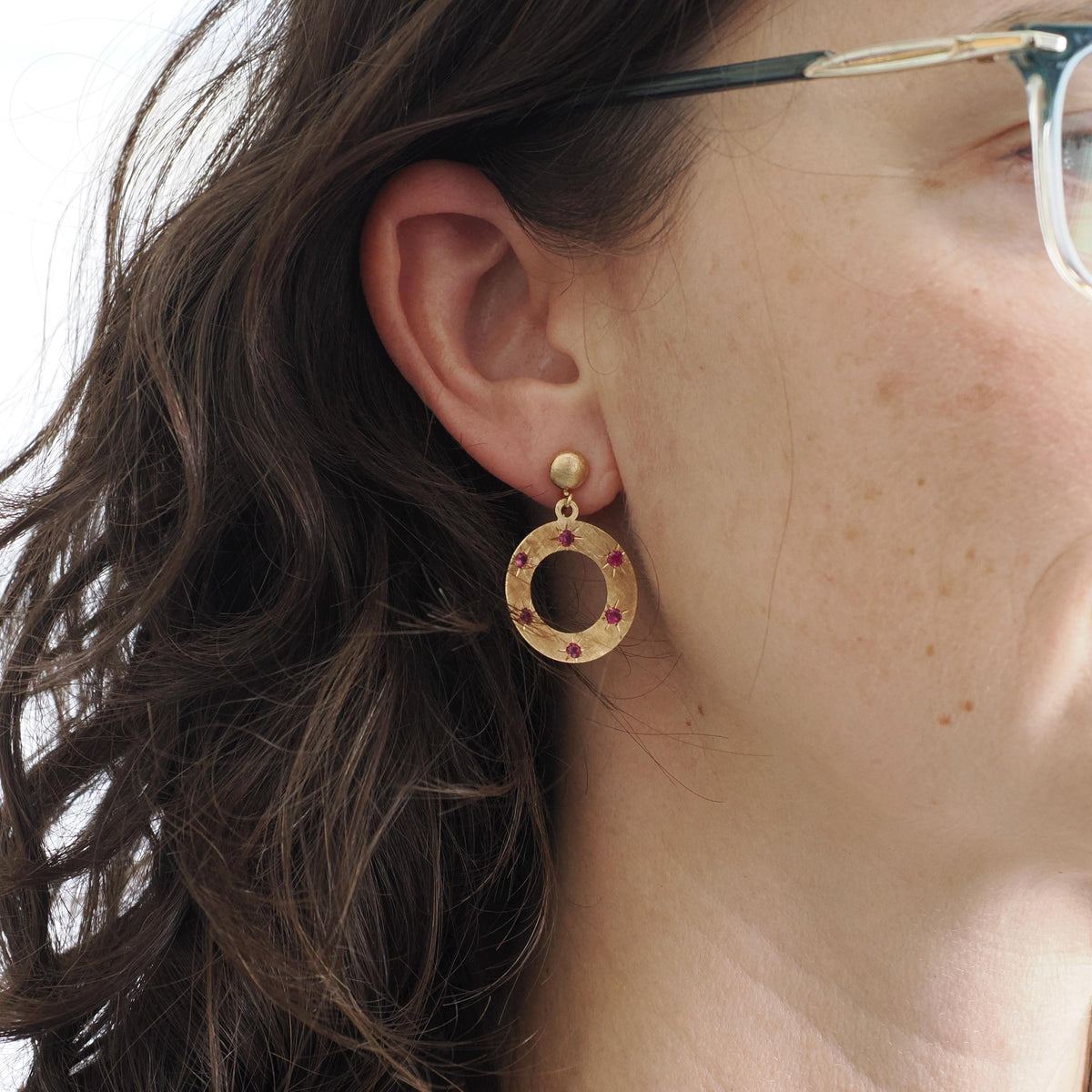 Screwback Ruby Earrings - Modernist 14k Yellow Gold .84 TW Natural Gems Open Circle Dangle Drops - Circa 1970s July Birthstone Fine Jewelry