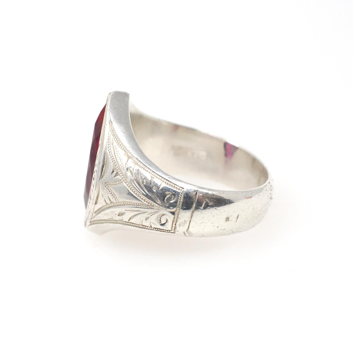 Created Ruby Ring - Vintage Art Deco Silver Marquise Cut 4.00 CT Statement Navetted Shield - Circa 1930s Size 11 1/2 July Birthstone Jewelry
