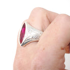 Created Ruby Ring - Vintage Art Deco Silver Marquise Cut 4.00 CT Statement Navetted Shield - Circa 1930s Size 11 1/2 July Birthstone Jewelry