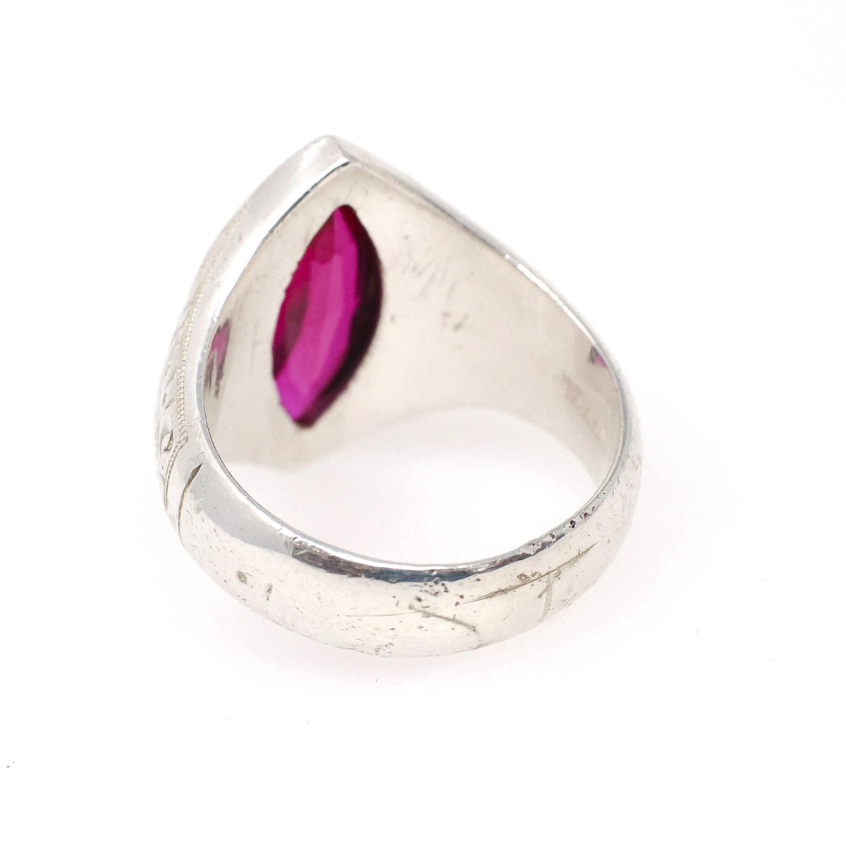 Created Ruby Ring - Vintage Art Deco Silver Marquise Cut 4.00 CT Statement Navetted Shield - Circa 1930s Size 11 1/2 July Birthstone Jewelry