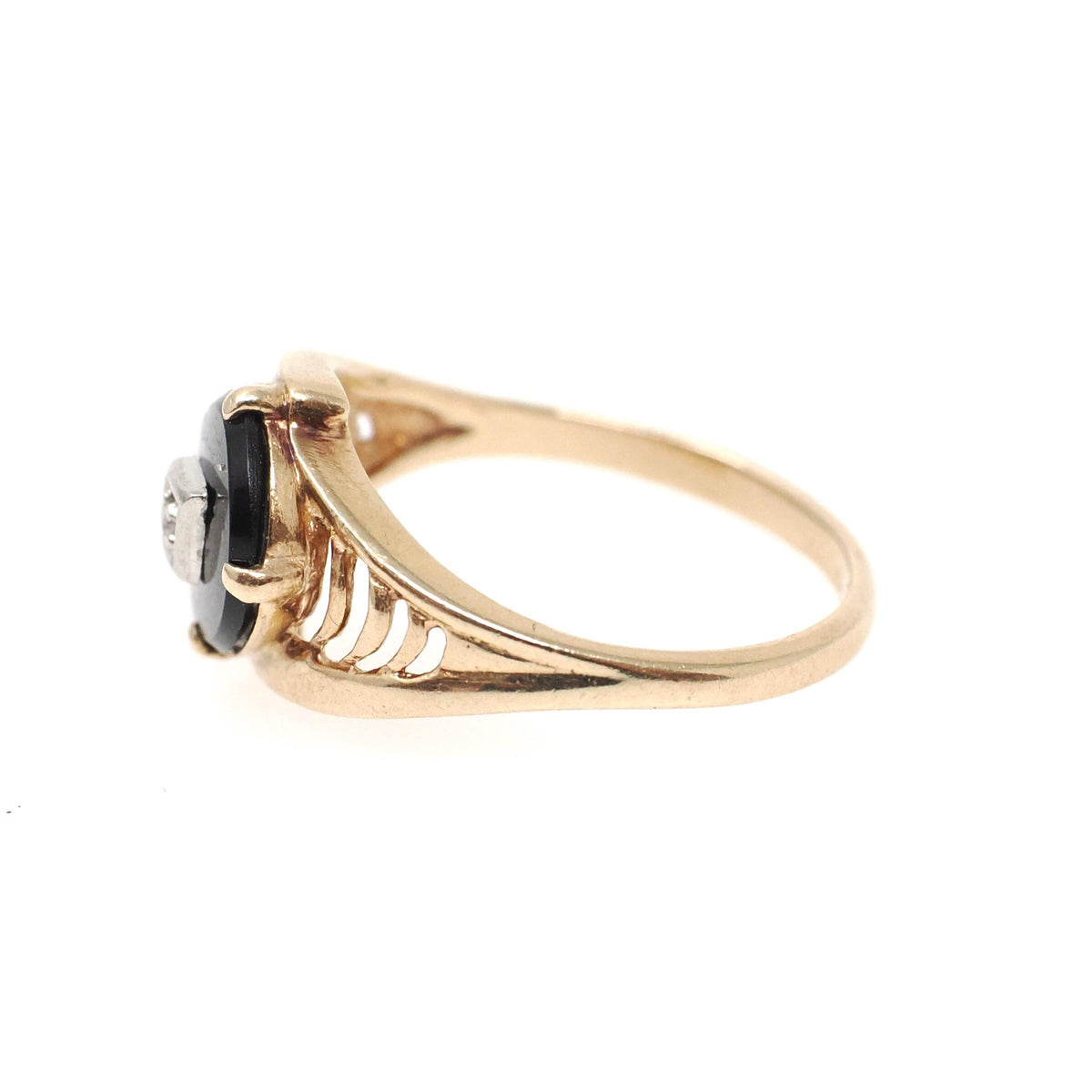 Vintage Onyx Ring - Retro 10k Yellow Gold Oval Black Chalcedony Gemstone - Circa 1940s Size 5 3/4 Natural .01 CT Diamond Bypass Fine Jewelry