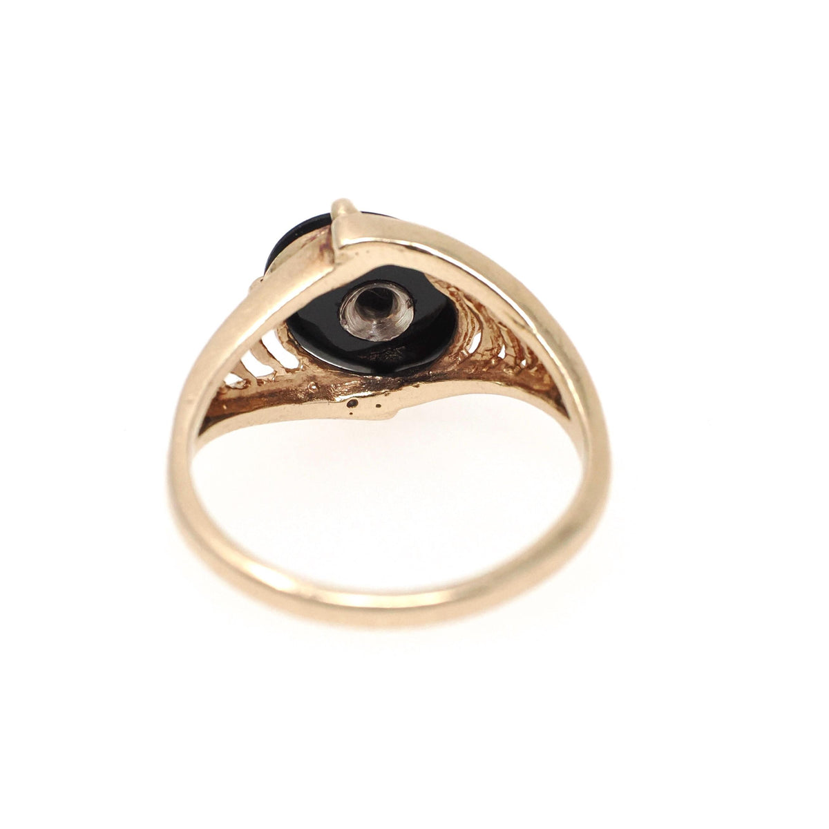 Vintage Onyx Ring - Retro 10k Yellow Gold Oval Black Chalcedony Gemstone - Circa 1940s Size 5 3/4 Natural .01 CT Diamond Bypass Fine Jewelry