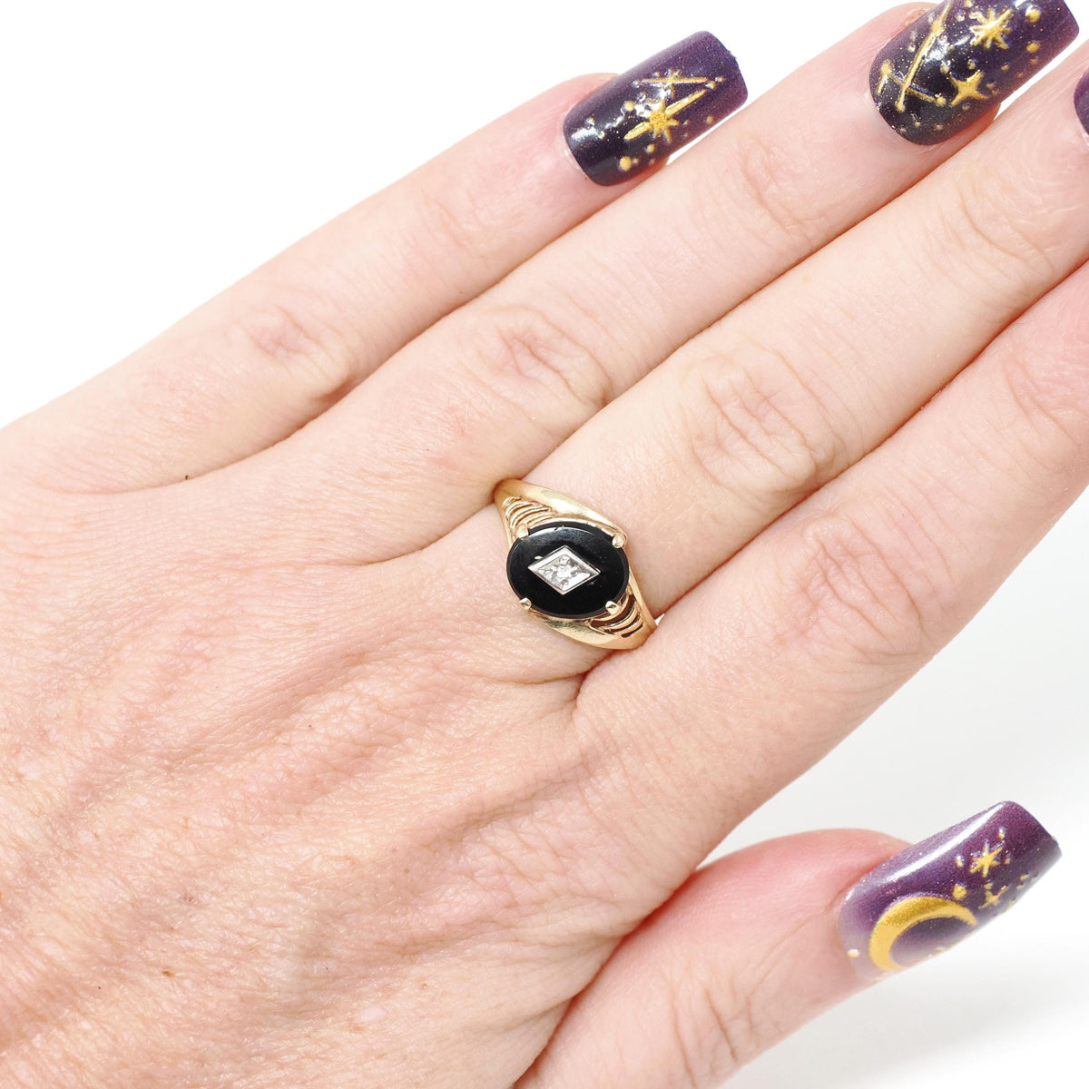 Vintage Onyx Ring - Retro 10k Yellow Gold Oval Black Chalcedony Gemstone - Circa 1940s Size 5 3/4 Natural .01 CT Diamond Bypass Fine Jewelry