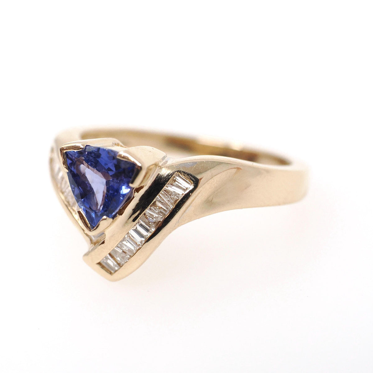 Tanzanite & Diamond Ring - Contemporary 14k Yellow Gold Triangular Mixed Cut .81 CT Gem - Estate 1990s Size 7 1/4 Baguette Fine Jewelry