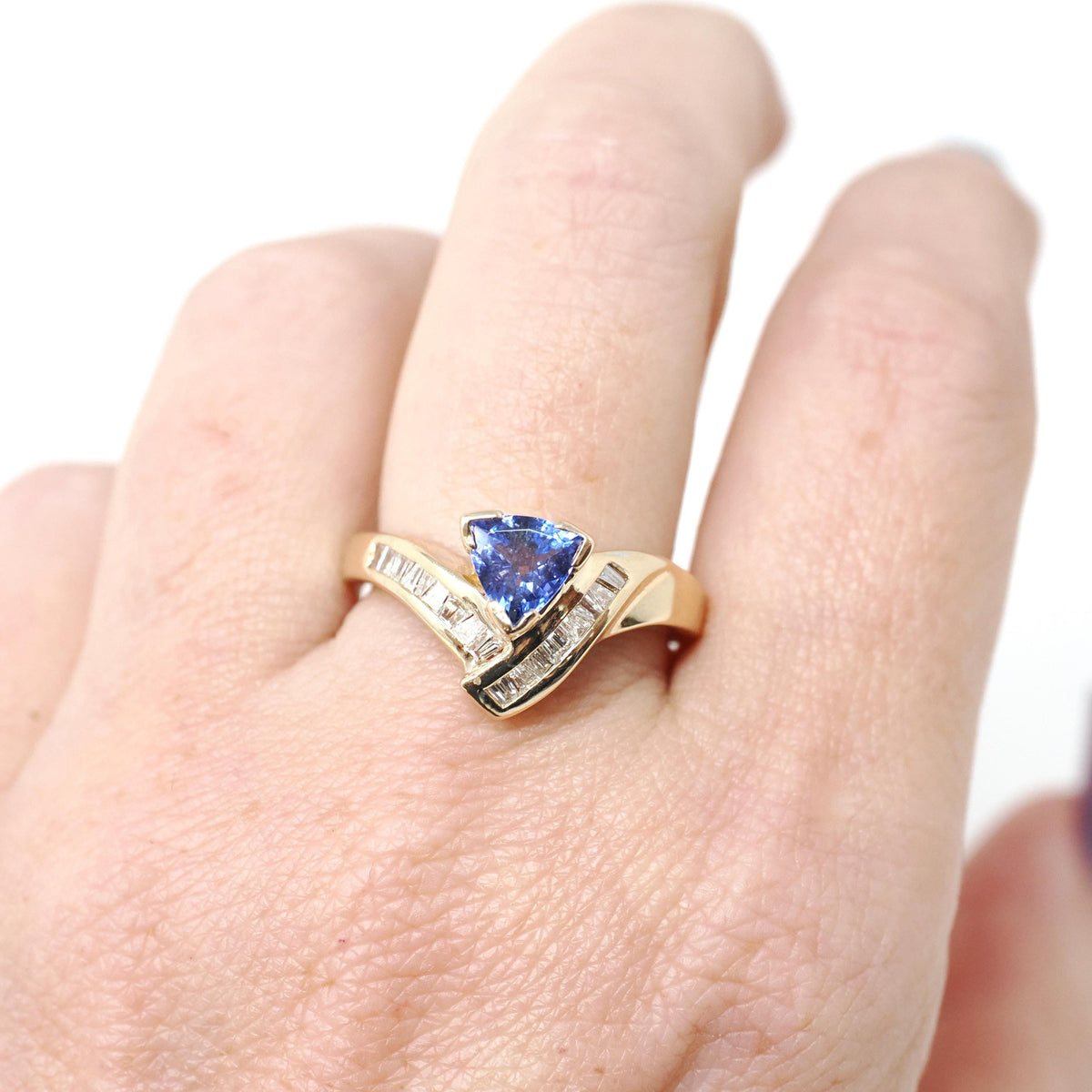 Tanzanite & Diamond Ring - Contemporary 14k Yellow Gold Triangular Mixed Cut .81 CT Gem - Estate 1990s Size 7 1/4 Baguette Fine Jewelry