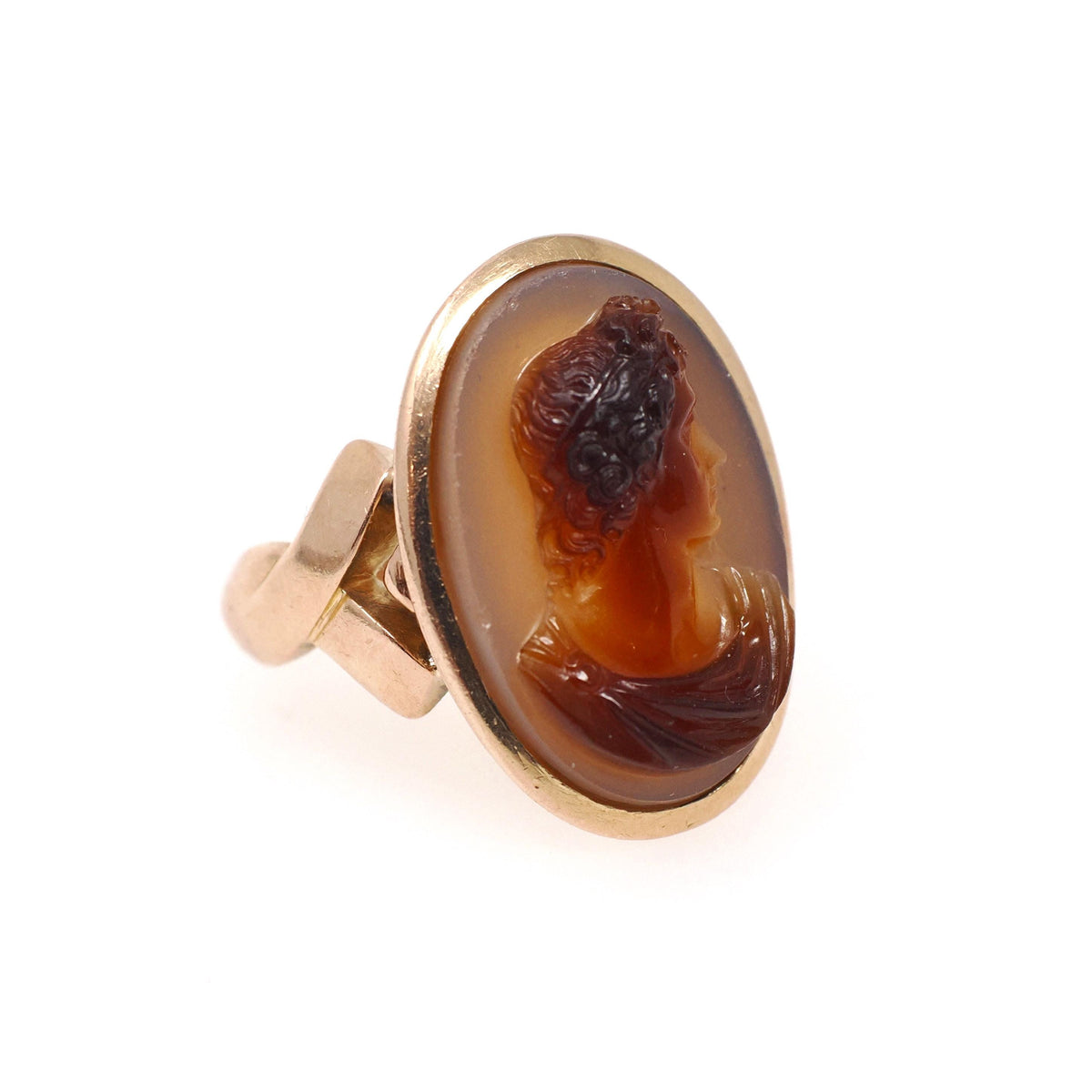 Antique Cameo Ring - Victorian 14k Rosy Yellow Gold Carved Brown Sardonyx Gem - Circa 1890s Era Size 6 1/4 Feminine Profile Fine Jewelry