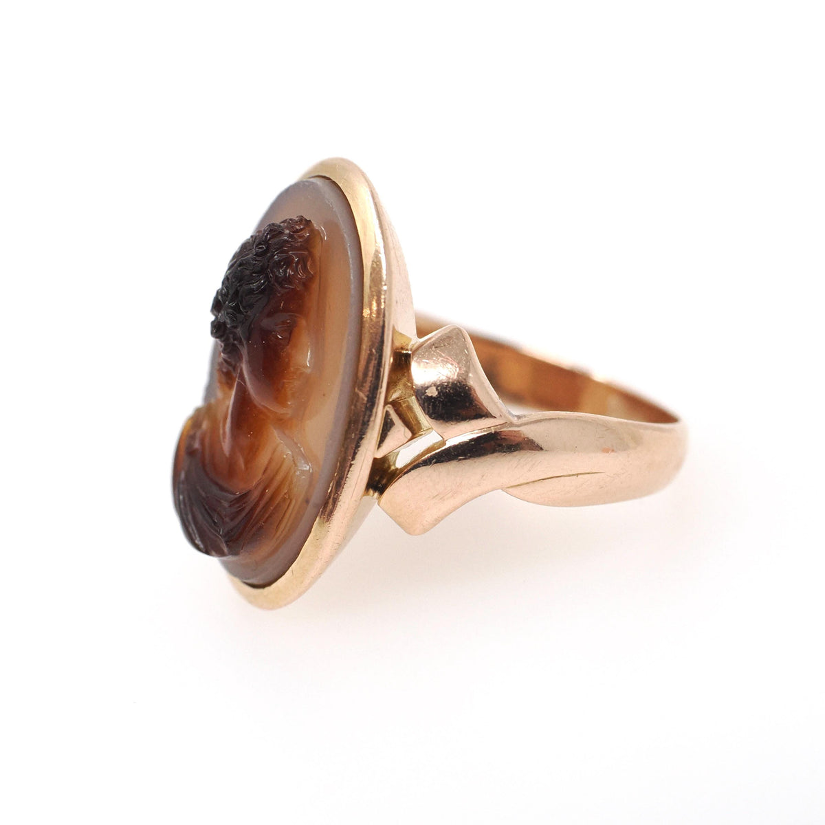 Antique Cameo Ring - Victorian 14k Rosy Yellow Gold Carved Brown Sardonyx Gem - Circa 1890s Era Size 6 1/4 Feminine Profile Fine Jewelry