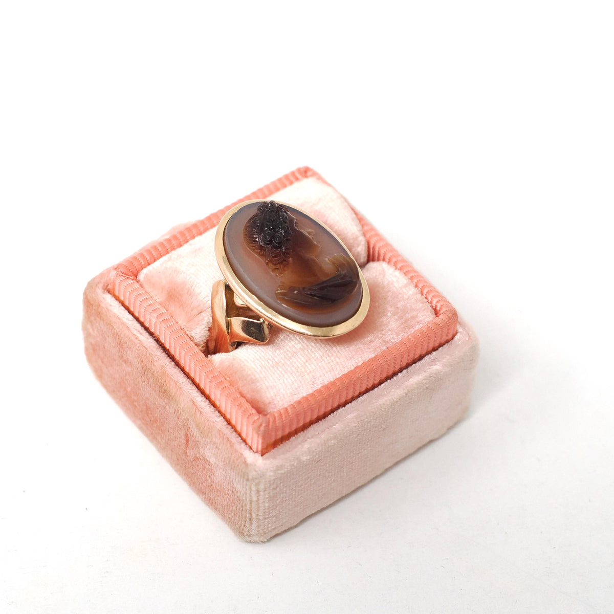 Antique Cameo Ring - Victorian 14k Rosy Yellow Gold Carved Brown Sardonyx Gem - Circa 1890s Era Size 6 1/4 Feminine Profile Fine Jewelry