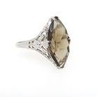 Smoky Quartz Ring - Art Deco 14k White Gold Natural Brown Marquise Gemstone Filigree Navette - Vintage 1930s Size 6 3/4 Fine Floral Jewelry