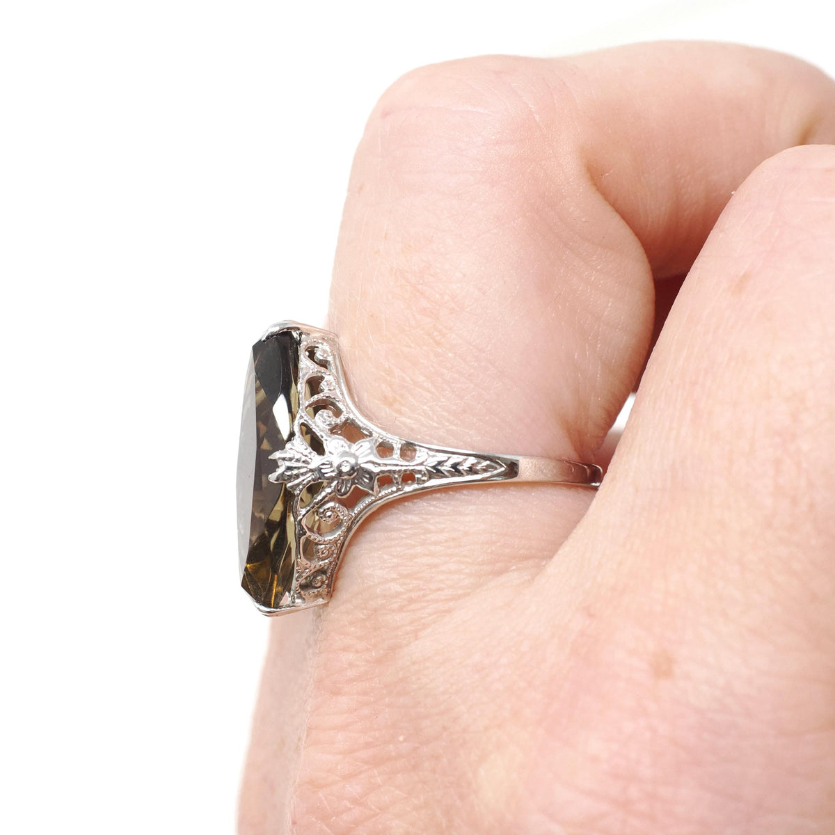 Smoky Quartz Ring - Art Deco 14k White Gold Natural Brown Marquise Gemstone Filigree Navette - Vintage 1930s Size 6 3/4 Fine Floral Jewelry