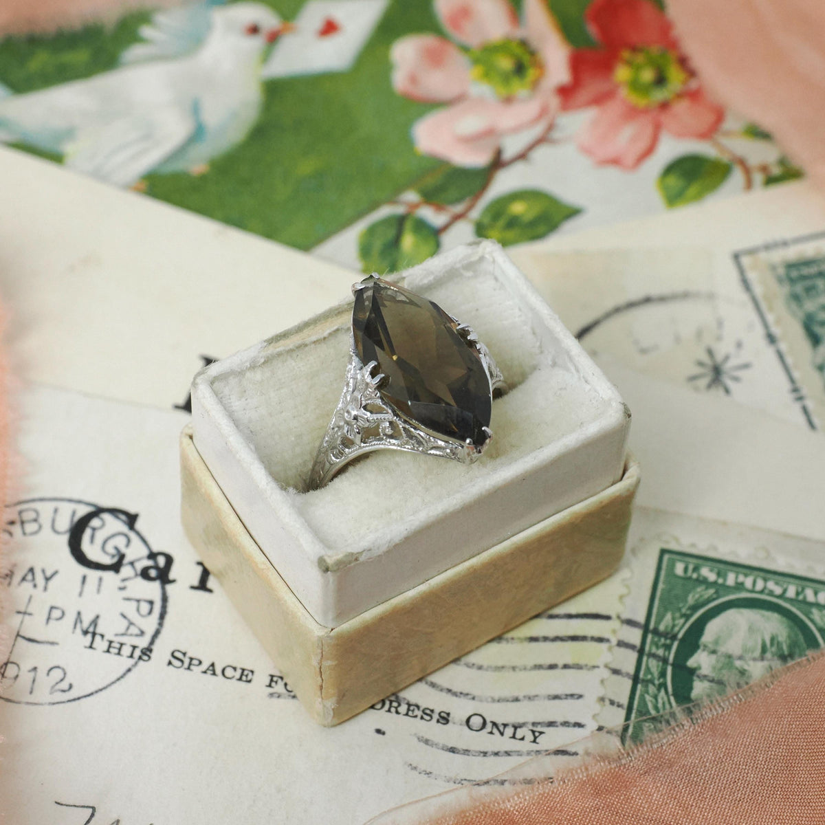 Smoky Quartz Ring - Art Deco 14k White Gold Natural Brown Marquise Gemstone Filigree Navette - Vintage 1930s Size 6 3/4 Fine Floral Jewelry