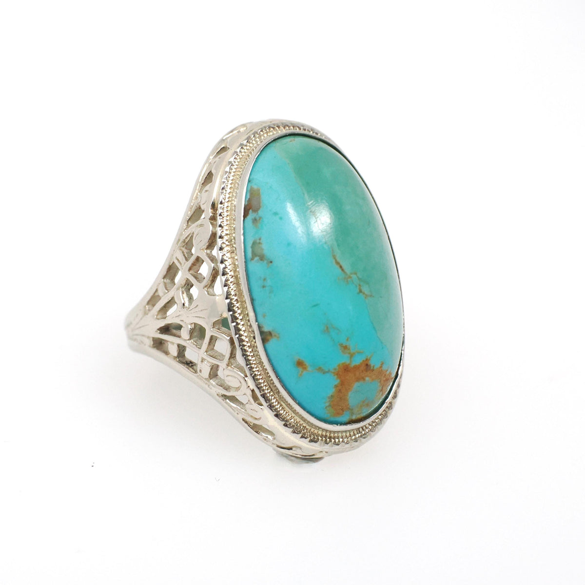 Vintage Turquoise Ring - Art Deco 14k White Gold Filigree Large Cabochon Cut Gemstone - Circa 1930s Era Size 5 1/2 Fine Statement Jewelry